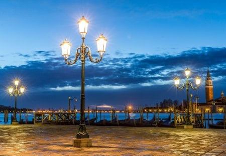 Beautiful Venice - clouds, grand canal, Venice, blue, lanterns, sea, romance, city, Italia, lights, Italy, sky