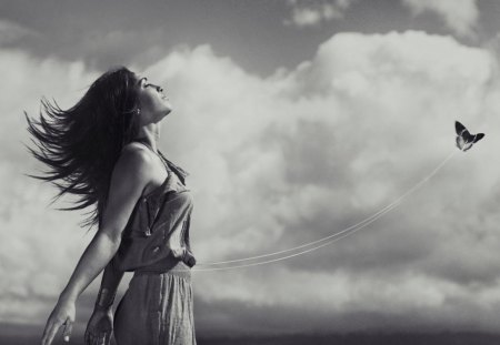 * - woman, nature, sky, butterfly, freedom, wp, bw