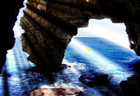 Sunlight through grotto - cave, sunlight, spain, beach, sea, grotto