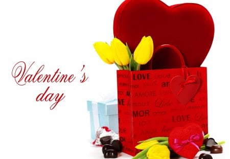 Valentine\'s Day - for you, with love, tulips, flowers, valentines day, love, yellow tulips, special, valentine, chocolate, heart, gift, tulip, passion, nature, day