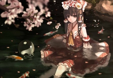 Koi Pond - realistic, female, hot, water, anime girl, touhou, cherry blossom, petals, anime, sakura blossom, koi, reimu, pond, cute, sexy, girl, wet, hakurei reimu, cg, sakura, floral, 3d, fish, blossom, flower