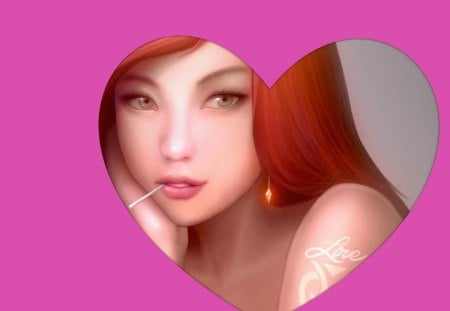 Beauty in a heart - word, love, cehenot, beauty, girl, light, heart, red hair, fantasy, pink, earring