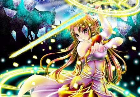 Yuuki Asuna - female, hot, anime girl, sao, blade, armor, yuuki asuna, anime, sword, sword art online, cute, sexy, asuna, girl, light, long hair, glow, weapon