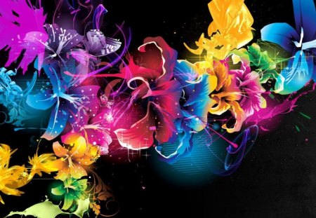 A colorful abstract flowers. - abstract, flowers, brightly colored, black background