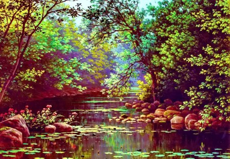 River landscape in summer - pretty, calm, quiet, lilies, summer, creek, forest, reflection, calmness, flowers, shore, riverbank, nice, pong, trees, beautiful, lovely, river, painting, landsape