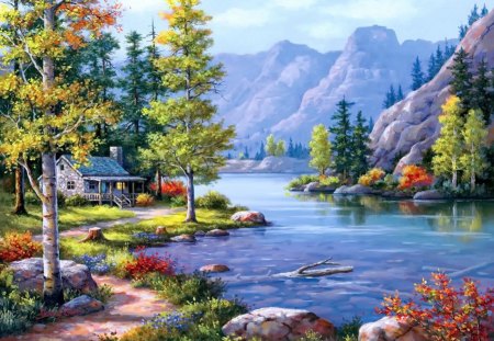 Log cabin retreat - pretty, calm, quiet, summer, cabin, spring, mountain, path, countryside, villa, shore, riverbank, view, lake, nice, cottage, sky, clouds, house, trees, beautiful, lovely, peaks, village, river, painting, serenity, peaceful, log cabin