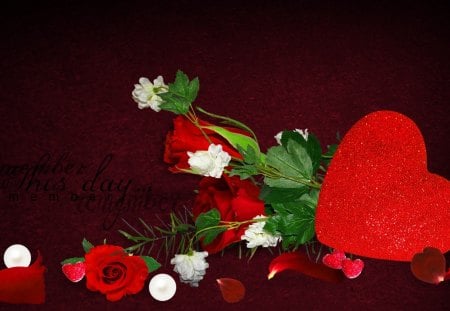 Hearts and Flowers - fleurs, romantic, roses, red, heart, petals, valentines day, flowers