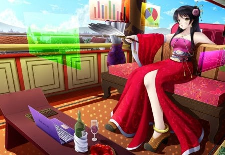 Working or playing? - princess, beauty, terrace, wine, purple, anime, green, bottle, brunette, house, manga, laptop, glass, girl, computer, work, village, red, pink, city, dress