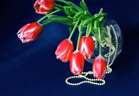 Still life - nice, pearls, fresh, tulips, bouquet, lovely, still life, vase, pretty, red, beautiful, flowers