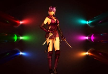 Warrior - black blackground, girl, weapon, color, lamp