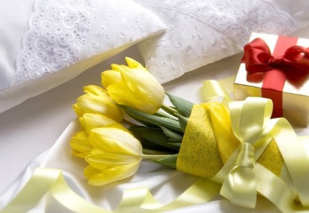 *** Beautiful tulips for romantik morning *** - gift, tulips, spring, white, nature, box, yellow, linens, flowers, flower