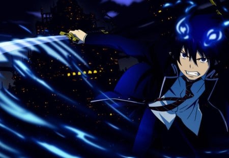 Rin Okomura - blue flame, Demon, sword, Anime, Devil son, Rin Okomura