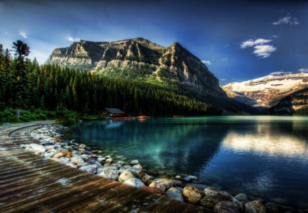 fantastic lake louise in alberta canada hdr - lake, reflection, walk, stones, mountain, hdr