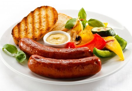 Beef sausages - gravey, beef, plate, sausages, mint, food