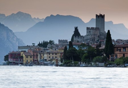 town of malcesine on lake garda italy - hill, town, lake, mountains, fort