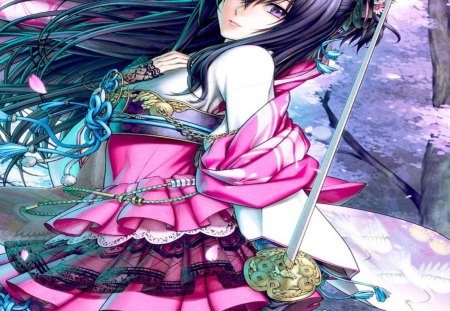 Pink Warrior - girl, sakura, pink, long hair, oriental, sword, fantasy, orginal