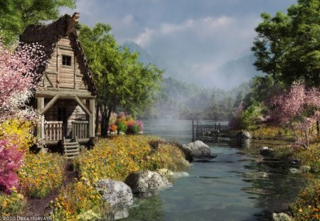 Where Wildflowers Grow - clouds, water, cabin, beautiful, creek, dock, wildflowers, nature, mist, grow, sky, rocks