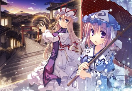 This Way!!! - girls, stairway, touhou, town, yuyuko saigyouji, anime, umbrella, yukari yakumo