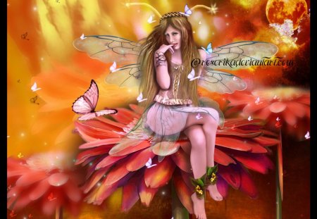 FLOWER FAIRY - FAIRY, FEMALE, BUTTERFLIES, COLORFUL, FLOWERS