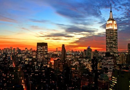 spectacular sunset over nyc - lights, clouds, skyscrapers, city, sunset