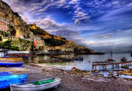 fantastic riomaggiore italy hdr - cliff, town, clouds, beach, sea, boats, hdr