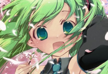 Hatsune Miku - female, anime girl, wind, cherry blossom, petals, anime, sakura blossom, miku, cute, hatsune miku, girl, twintails, long hair, vocaloids, green eyes, sakura, twin tails, floral, vocaloid, blossom, breeze, green hair, flower