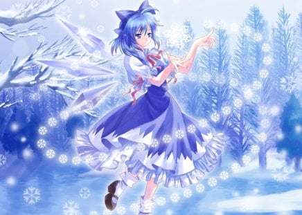 Snowflakes - female, wings, anime girl, fantasy, white, christmass, touhou, anime, plant, tree, cute, short hair, girl, winter, snowflakes, christmas tree, merry christmas, forest, snow, blue, wing, fairy, cirno