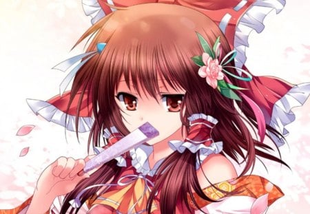 Hakurei Reimu - sexy, hot, girl, brown eyes, female, shrine maiden, long hair, anime girl, hakurei reimu, brown hair, touhou, red, petals, anime, reimu, cute