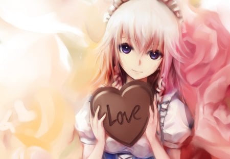 Love - pretty, anime, heart, female, blossom, happy valentine, long hair, purple eyes, touhou, pink hair, anime girl, hot, chocolate, lovely, love, maid, sweet, flower, izayoi sakuya, valentine, sakuya, cute, floral, sexy