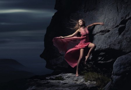 * Fly away * - beauty, sky, girl, fly away, wings, night, model, legs, nature, rock, dress