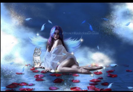 ♥.RED PETALS ON THE FLOOR.♥ - pretty, fantastic, female, rose petals, photomanipulation, imagination, emotional, fairies, face, women, digital art, drifts, love, red petals, hair, girls, dazzling, wonderful, lips, wings, cute, feathers, animals, emo, blue, air, angels, splendor, eyes, float, gorgeous, kitten, splendidly, art, Roserika, beautiful, charm, lovely, sweet, cat, glow, fantasy, on the floor