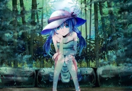 Hatsune Miku - anime, vocaloid, female, dress, hatsune miku, forest, long hair, bamboo, blue hair, woods, blue eyes, hat, moon, twin tails, gown, anime girl, twintails, hot, girl, miku, green, cute, sexy, vocaloids