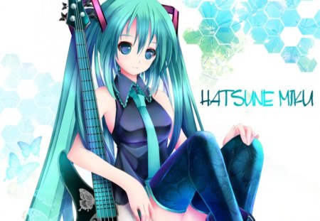 Hatsune Miku - miku, cute, guitar, vocaloids, hot, abstract, anime girl, green hair, twin tails, green eyes, vocaloid, anime, twintails, long hair, sexy, female, hatsune miku