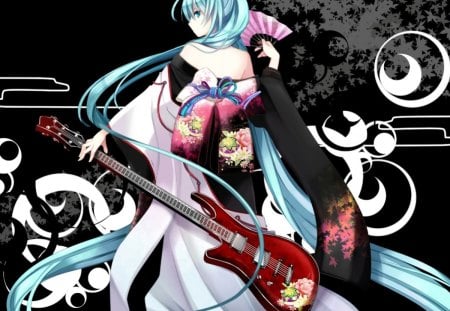 Hatsune Miku - fan, female, hot, guitar, anime girl, black, dark, anime, kimono, miku, cute, hatsune miku, sexy, girl, long hair, vocaloids, abstract, vocaloid, yukata, green hair