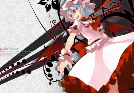 Remilia Scarlet - red, cant think of a fourth, black, remilia scarlet, pink dress, abstract