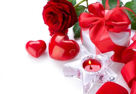 Valentine's Day - crystal, candle, gift, roses, heart, red, flowers