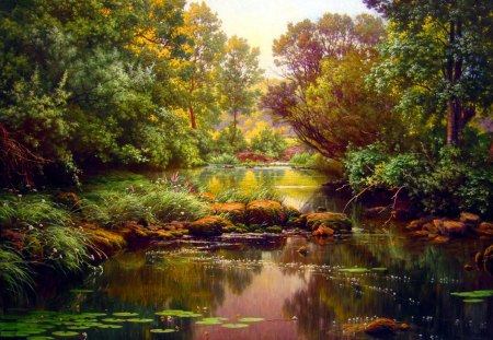 River landscape - pretty, calm, quiet, summer, creek, bushes, landscape, tranquil, stream, forest, reflection, flowers, shore, floating, riverbank, nice, branches, trees, beautiful, lovely, river, nature, painting, serenity