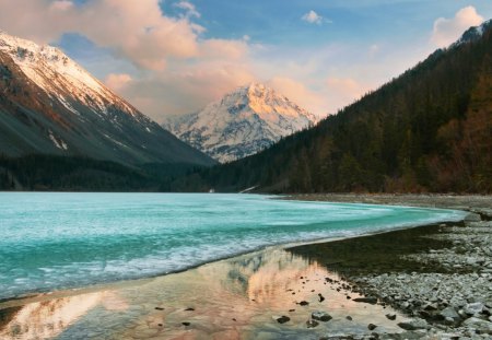 icy kucheria in siberia - lake, forozen, clouds, shore, mountains