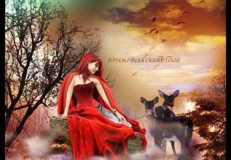 RED WINTER - forest, animals, red, winter, dress