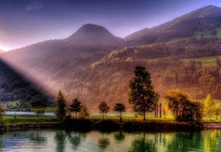 ..Among Lakes & Mountains.. - beauty, sunshine, trees, photography, sunbeam, colorful, mountains, wonderful, creative pre-made, lakes, reflections, amazing, view, cool, hdr, splendid, earth, among, scenic, silent, nature, rays of light, beautiful, miracle, scenery, colors, shadow