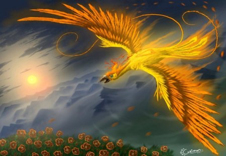 Over the Kingdom - abstract, phoenix, flame, fantasy, fire, wings, Sun, art, wallpaper