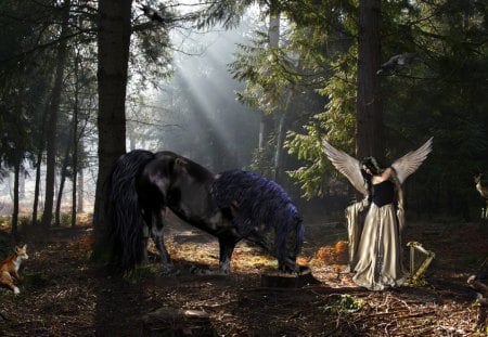 Light in the Forest - fantasy, light, forest, horse