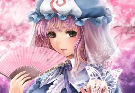 Saigyouji Yuyuko - anime, female, wing, pink, short hair, touhou, ribbon, pink hair, brown eyes, hat, anime girl, realistic, hot, girl, fan, cap, cg, wings, butterfly, cute, 3d, sexy