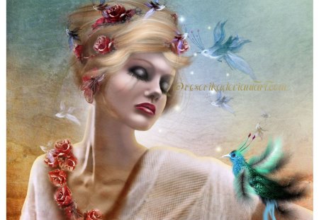 Floral Girl - lady, fantasy, birds, stylish