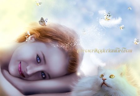 In the Land of Dreams - butterflies, fantasy, soft, cat, girl