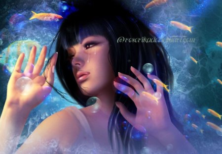 Deep Water - girl, fishes, illusion, water, fanatsy