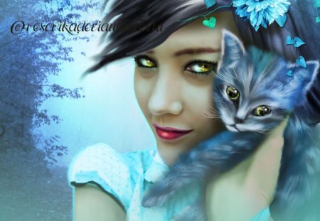 My best Friend - friend, fantasy, pet, cat, girl, blue