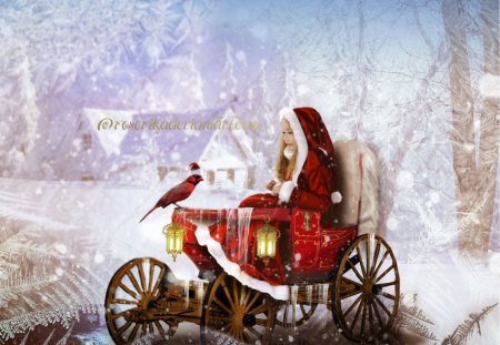 Winter Fairy tale - girl, red, winter, sledge, fantasy