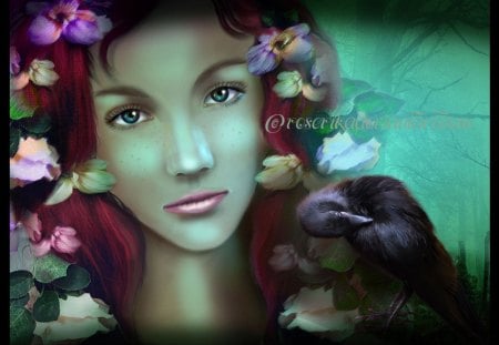 Raven Girl - flowers, floral, girl, fantasy