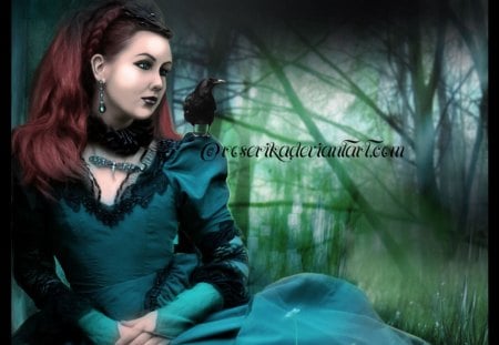 Green Gothic - fantasy, green, raven, gothic, dark